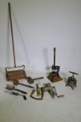 A quantity of vintage kitchenalia, to include a cast metal French fruit/cheese press, a cast iron