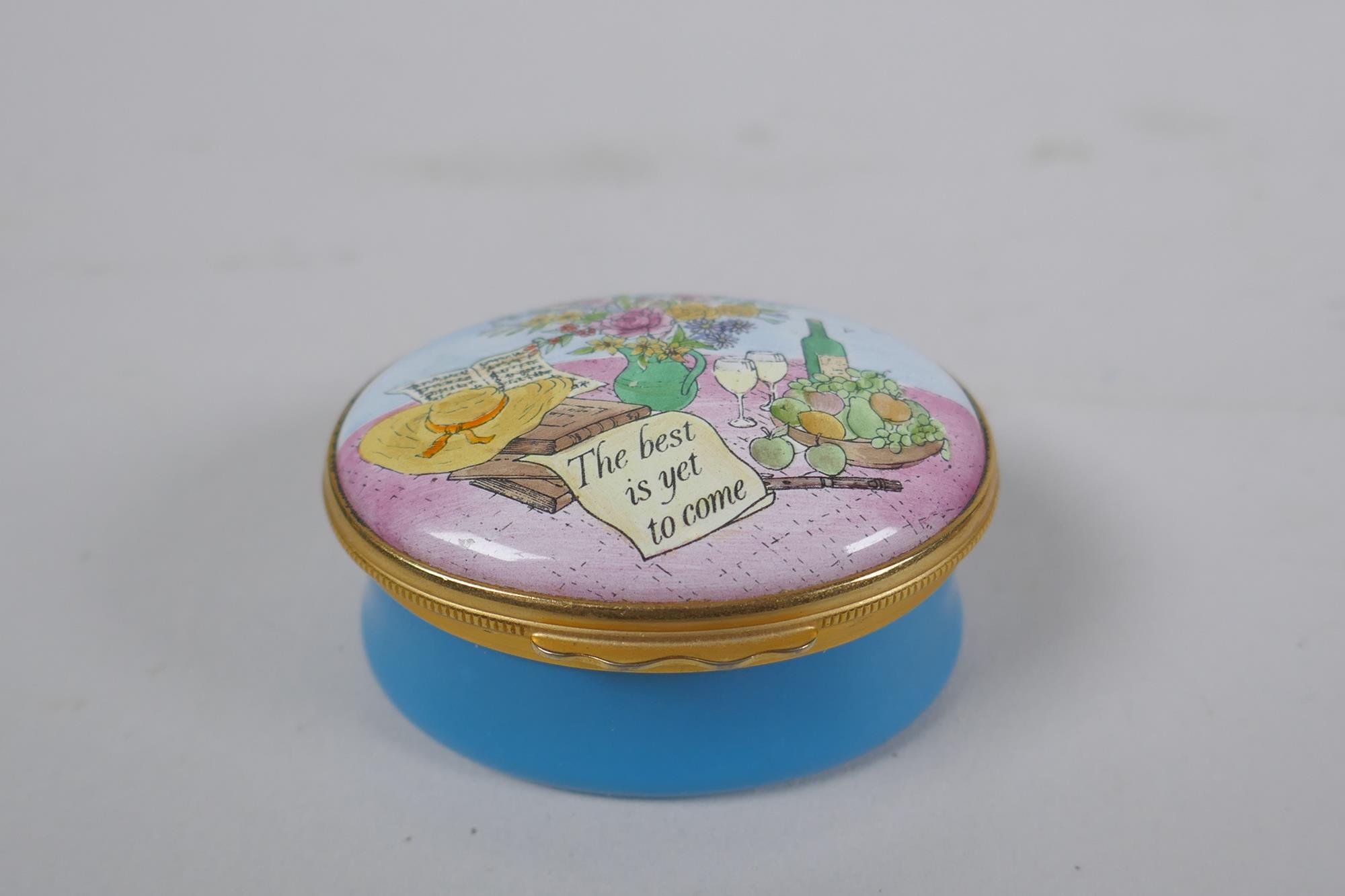 Three Halcyon Days enamel boxes and a similar Crummles & Co box, 4 x 5.5cm - Image 2 of 7