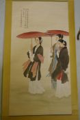 After Zhao Guojing and Wang Meifang, watercolour scroll depicting ladies carrying parasols, 64 x