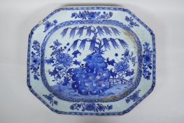 A late C19th/early C20th Chinese blue and white export ware porcelain meat dish decorated with a