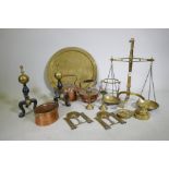 A set of brass balance scales stamped J. Hare, maker Birmingham, and weights, 56cm high, a pair of
