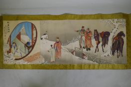 A Chinese watercolour scroll depicting figures and horses in a snowy landscape, 140 x 51cm
