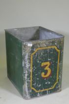 An antique galvanised log basket with painted and parcel gilt decoration, 60 x 46 x 60cm