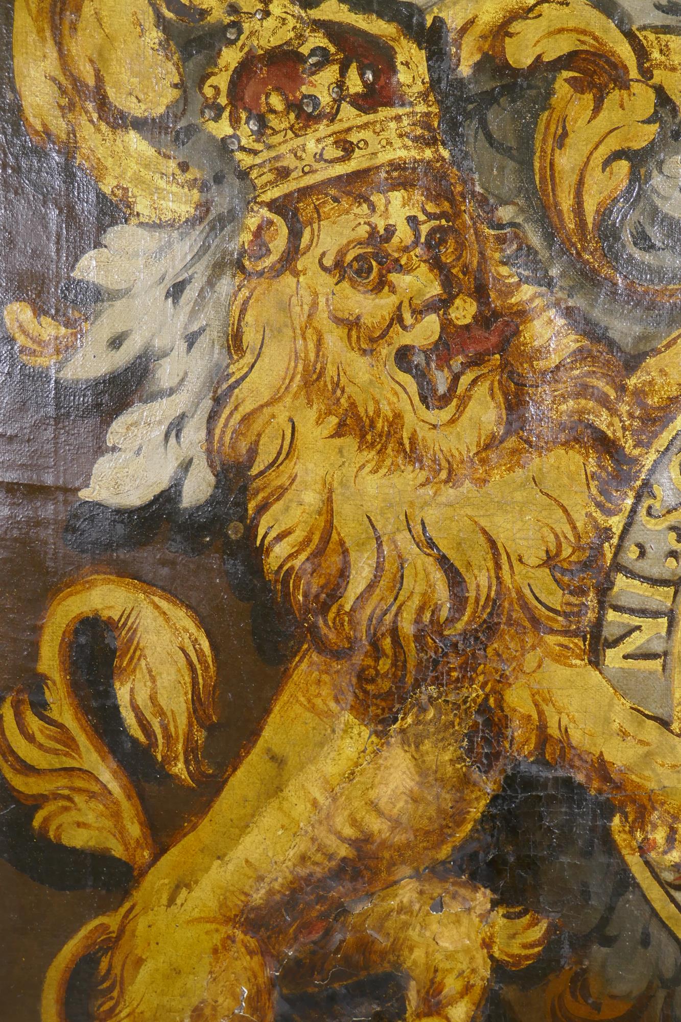 Heraldic painting depicting the Royal Coat of Arms of Charles I, oil on canvas with parcel gilt - Image 4 of 12