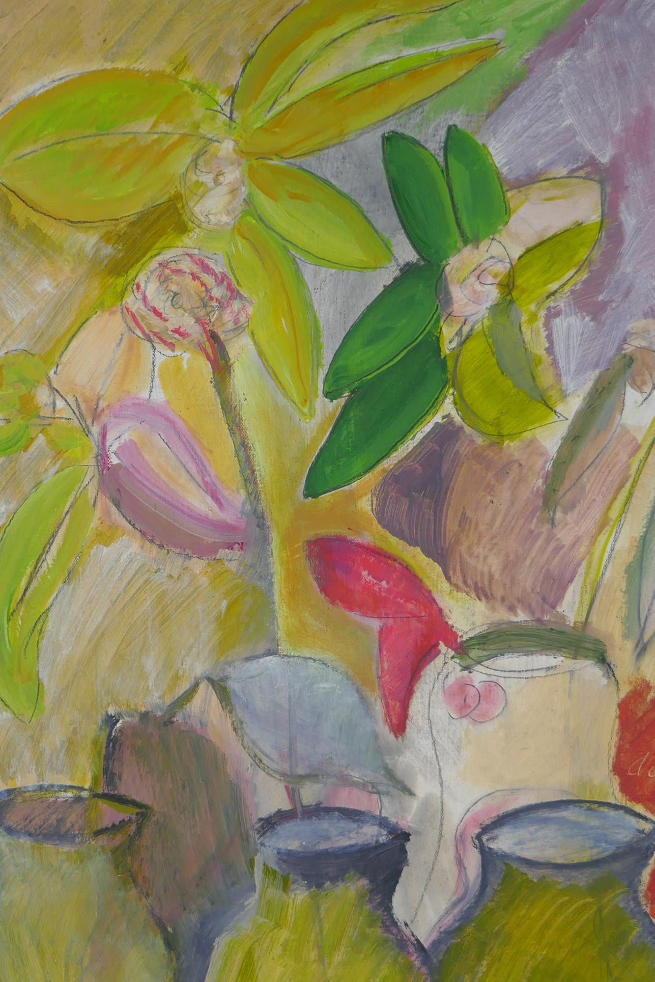 Still life with foliage and pots, signed De-Kat, mixed media painting on canvas, 50 x 40cm