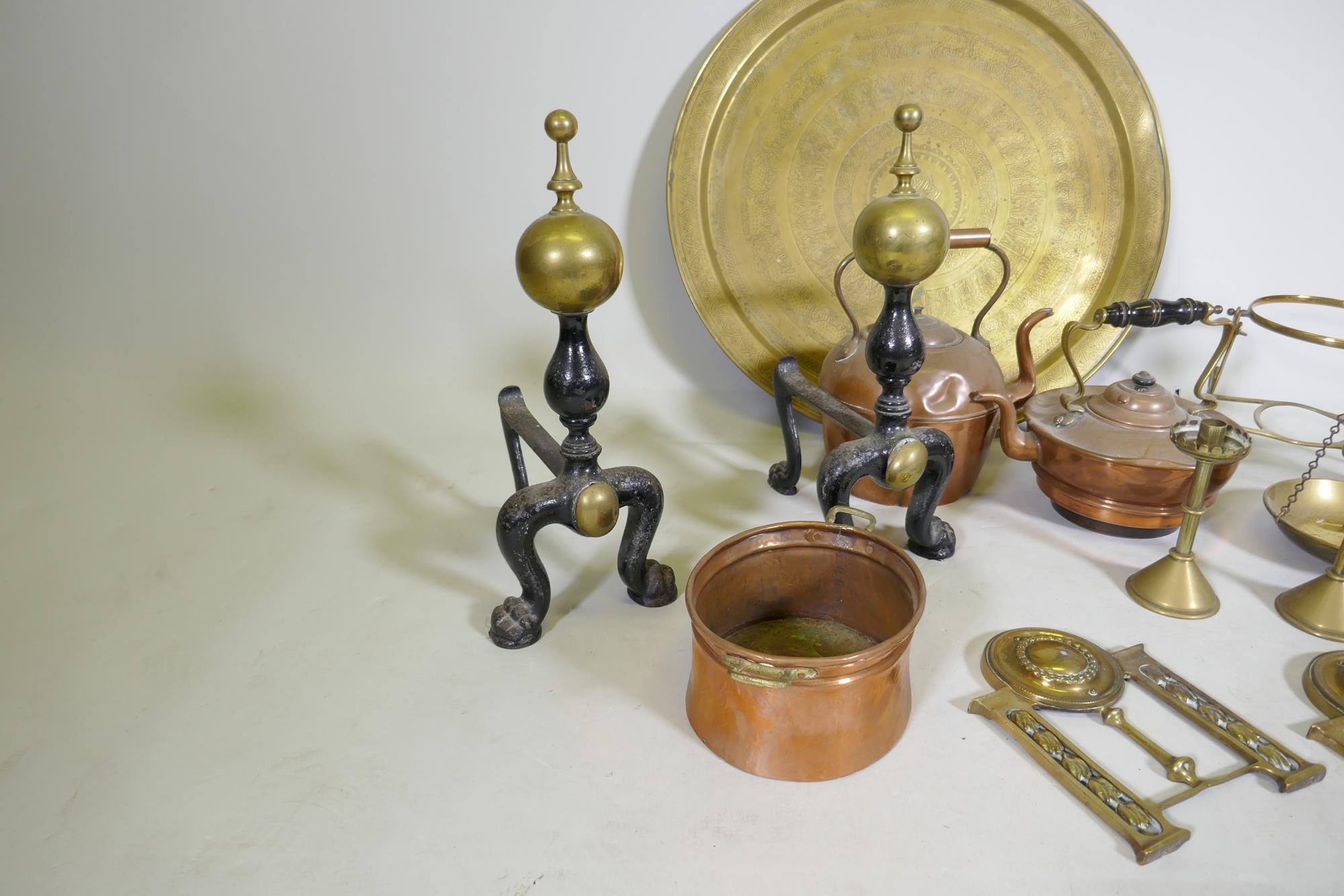 A set of brass balance scales stamped J. Hare, maker Birmingham, and weights, 56cm high, a pair of - Image 3 of 4