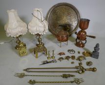 A quantity of copper and brass ware to include an antique Picard coffee percolator and burner, a