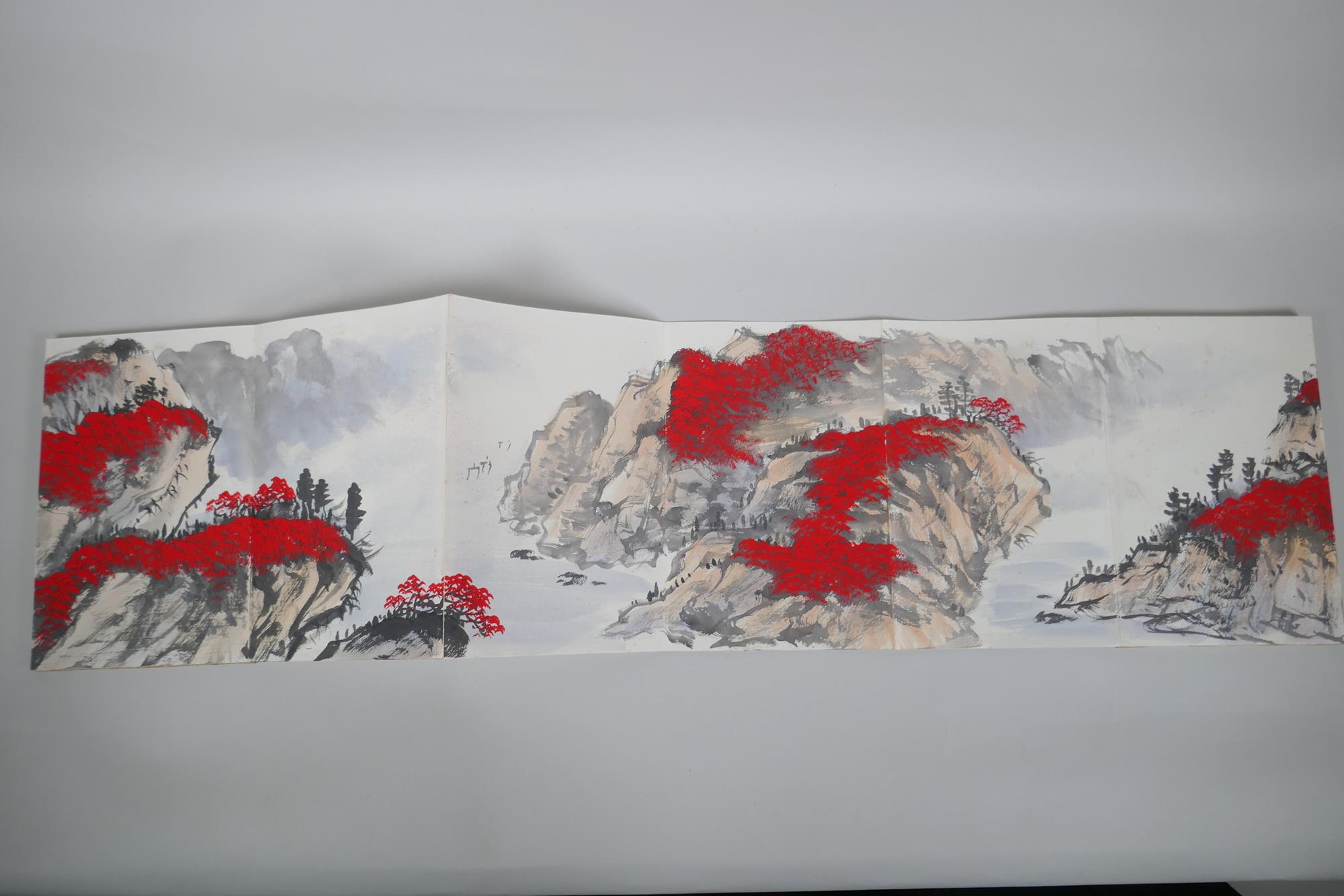 A Chinese watercolour concertina book depicting a mountain river scene, 17 x 25cm - Image 4 of 7