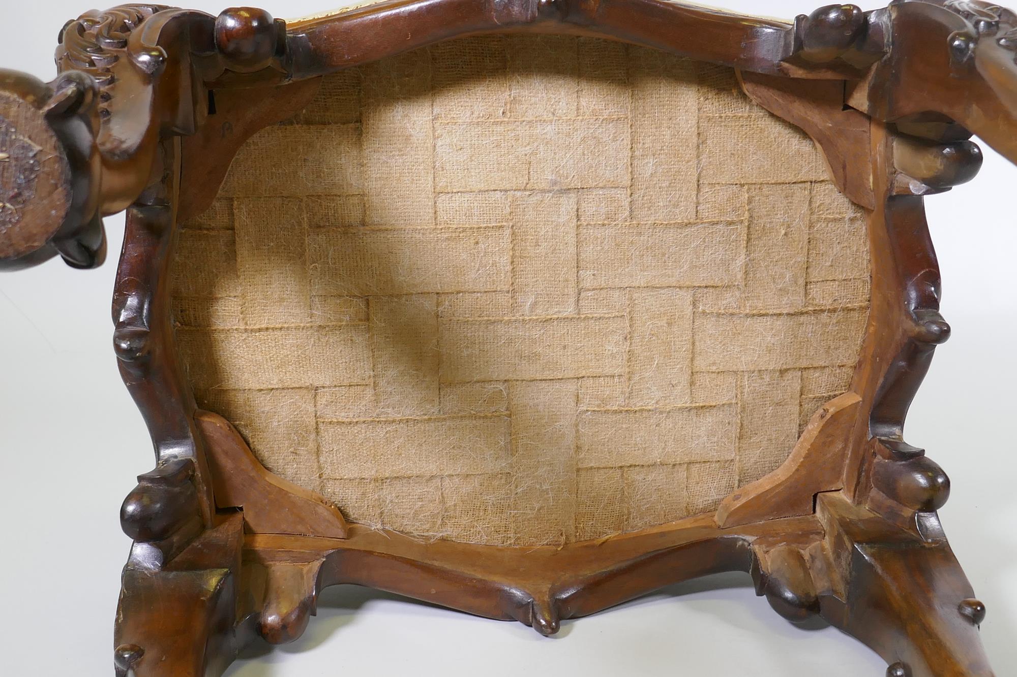 A Georgian style serpentine shaped walnut stool, with carved decoration, raised on cabriole - Image 4 of 4