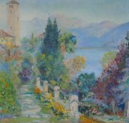 Dwellings by a stone bridge, signed Bess Defries Brady, and a study of an Italian lakeside garden,
