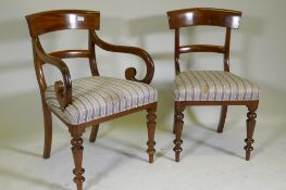 A set of eight (six plus two) Victorian mahogany bar back dining chairs raised on turned supports,