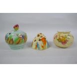 A Clarice Cliff Bizarre Crocus pattern flower frog, a Clarice Cliff for Newport Pottery sugar pot,