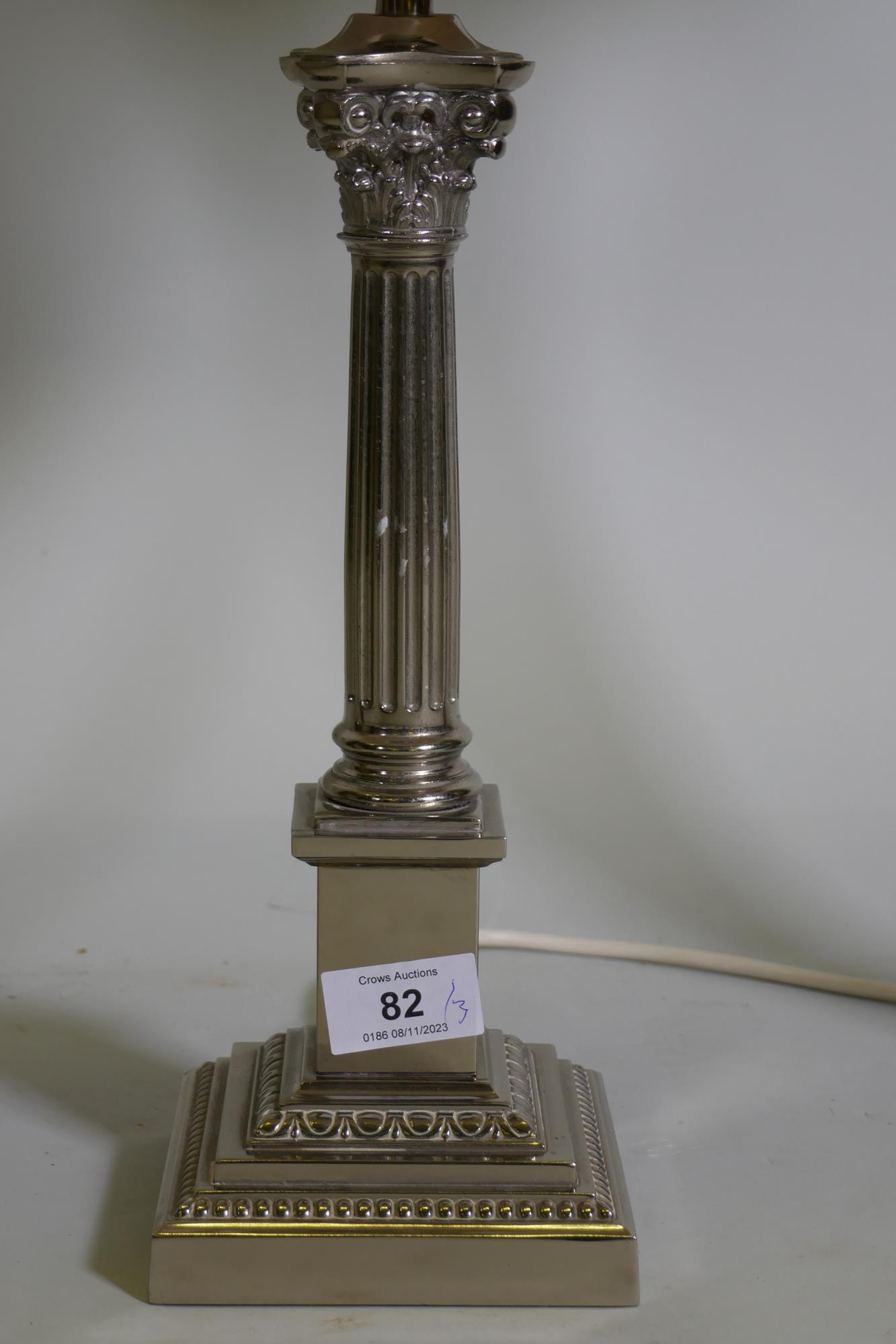 An electro plated Corinthian column style table lamp with pleated shade, 56cm with shade, and a pair - Image 3 of 3