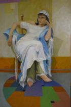 A 1970s portrait of a seated woman in white, oil on board, unframed, 90 x 122cm