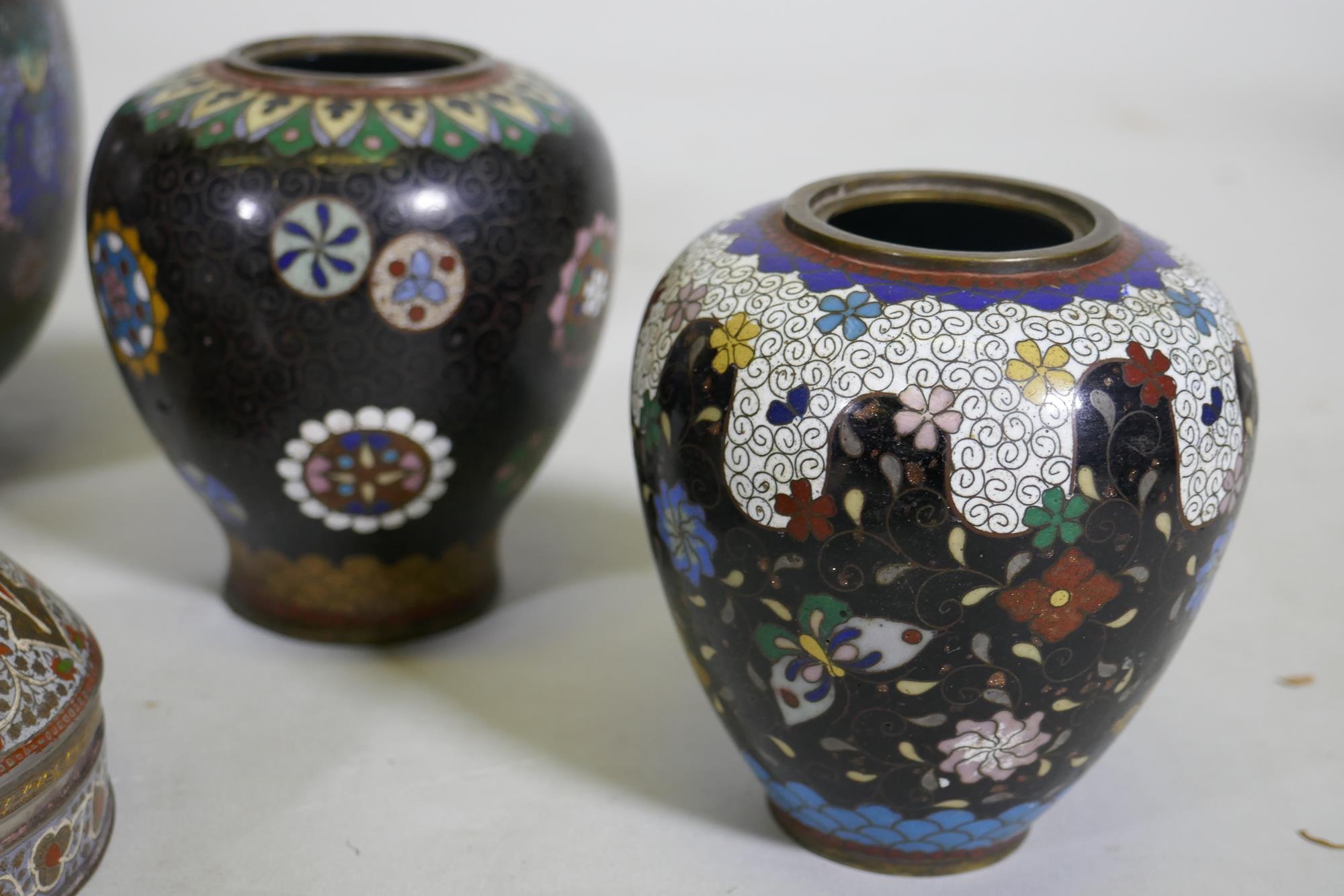 An antique oriental cloisonne potpourri, with ginbari panels, 13cm high, lacks knop to cover, a pair - Image 7 of 9