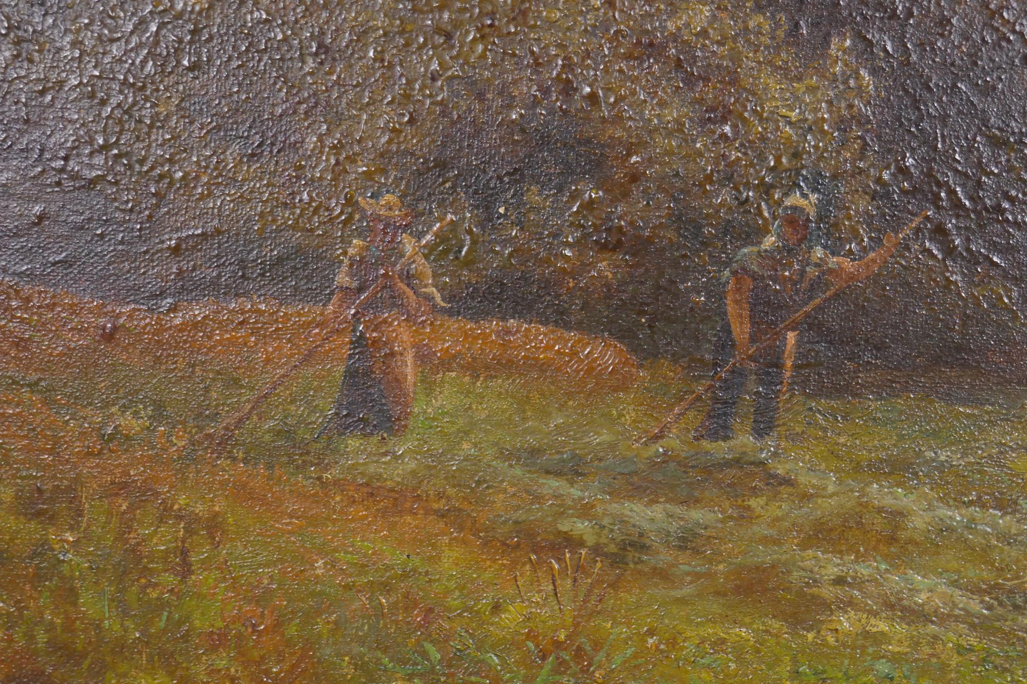 Landscape with haymakers, unsigned, C19th, oil on canvas in a good gilt frame, 81 x 51cm - Image 5 of 6