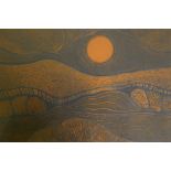 M J Mott, Orange Moonrise, limited edition wood/lino engraving, 3/20, signed, leaf size 34 x 30cm