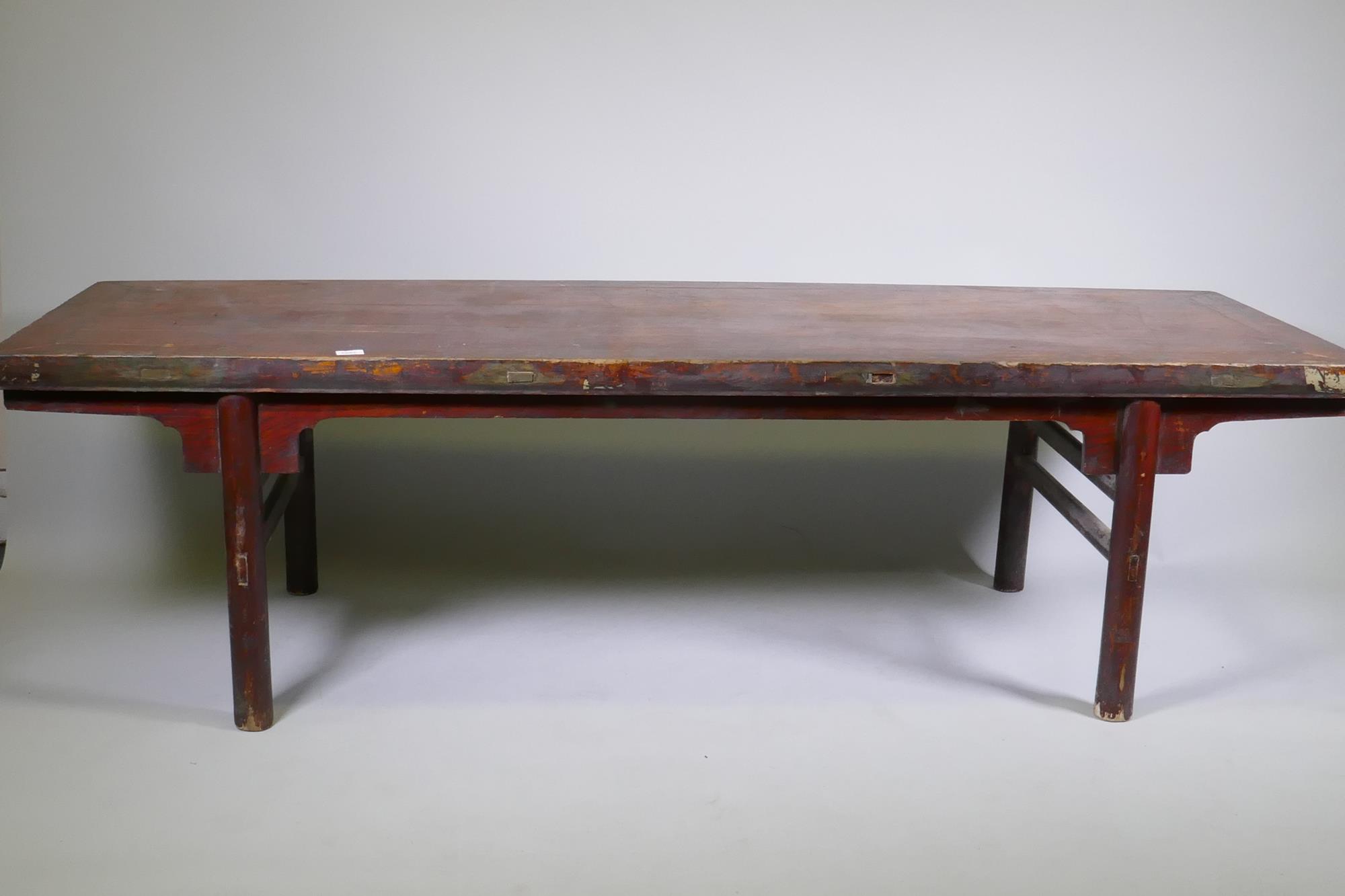 An antique Chinese elm altar table, 201 x 69cm, 57cm high - Image 4 of 5