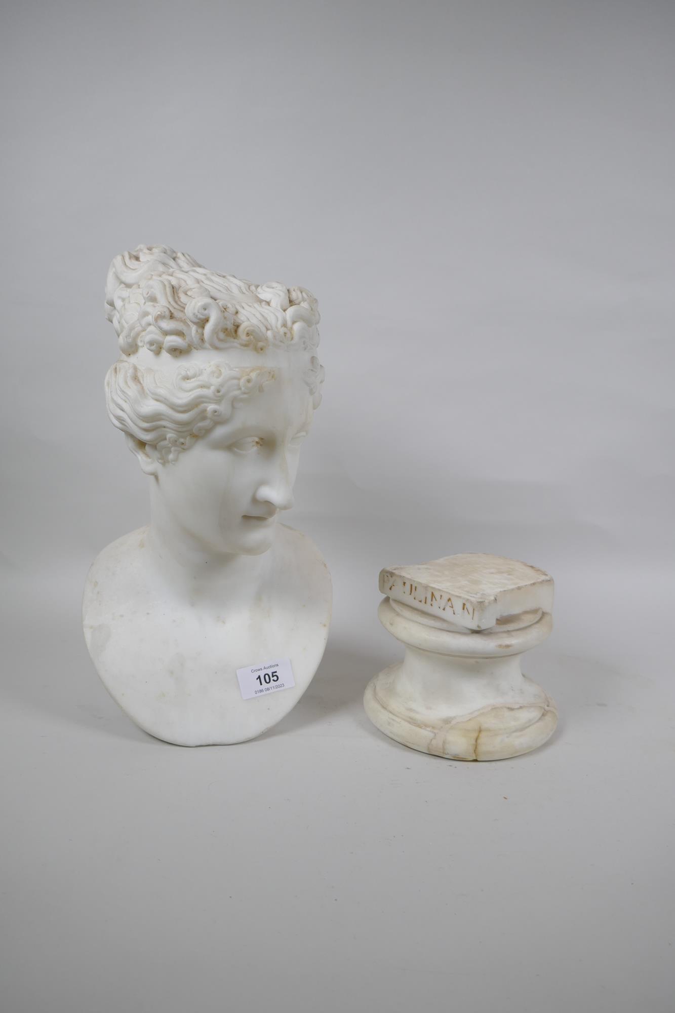 A C19th marble bust of a woman, raised on a socle, AF repaired, inscribed Paulina.N, bust 34cm high - Image 5 of 8