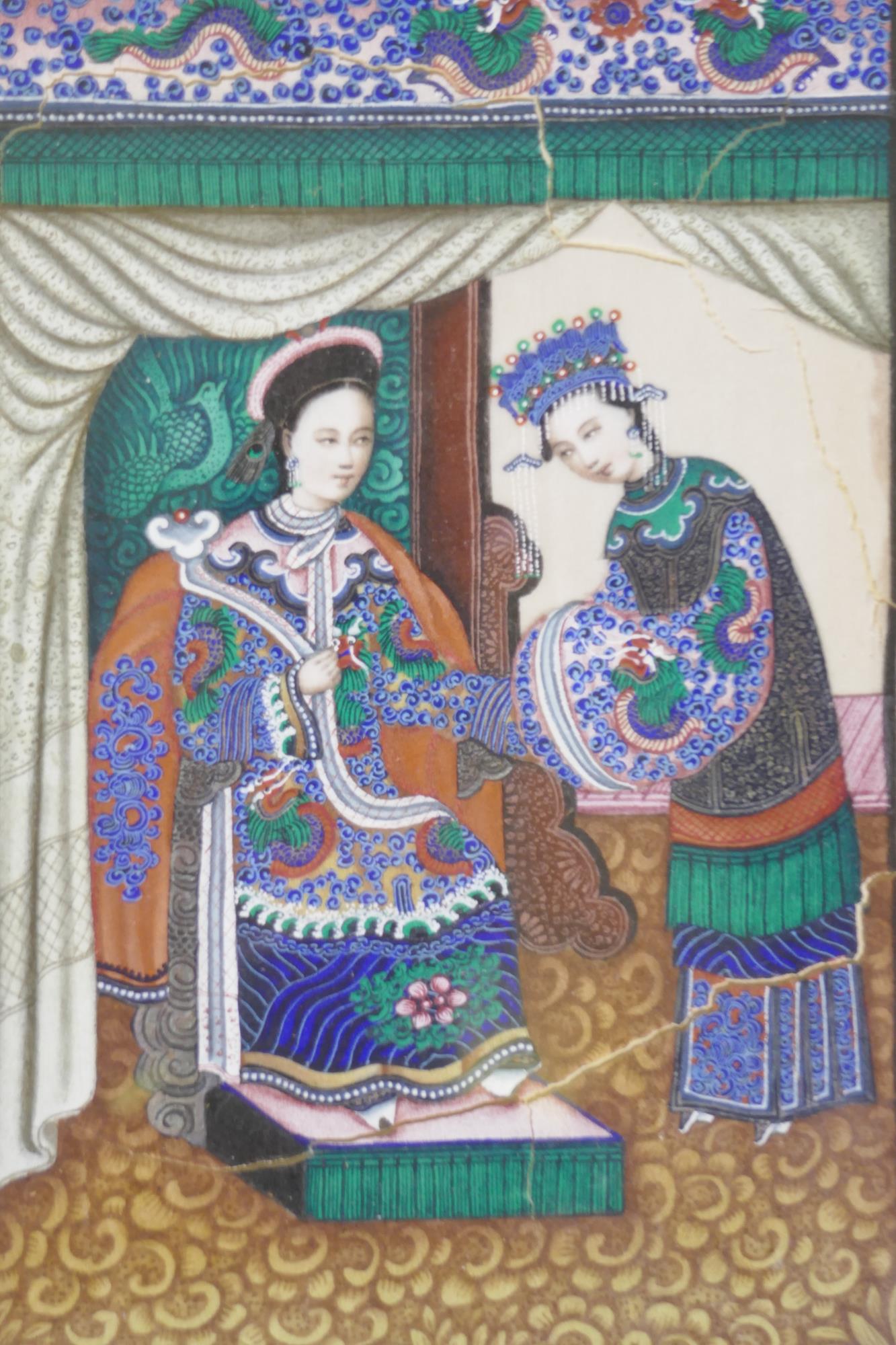 A C19th Chinese watercolour on rice paper, nobleman with attendant, 11 x 18cm