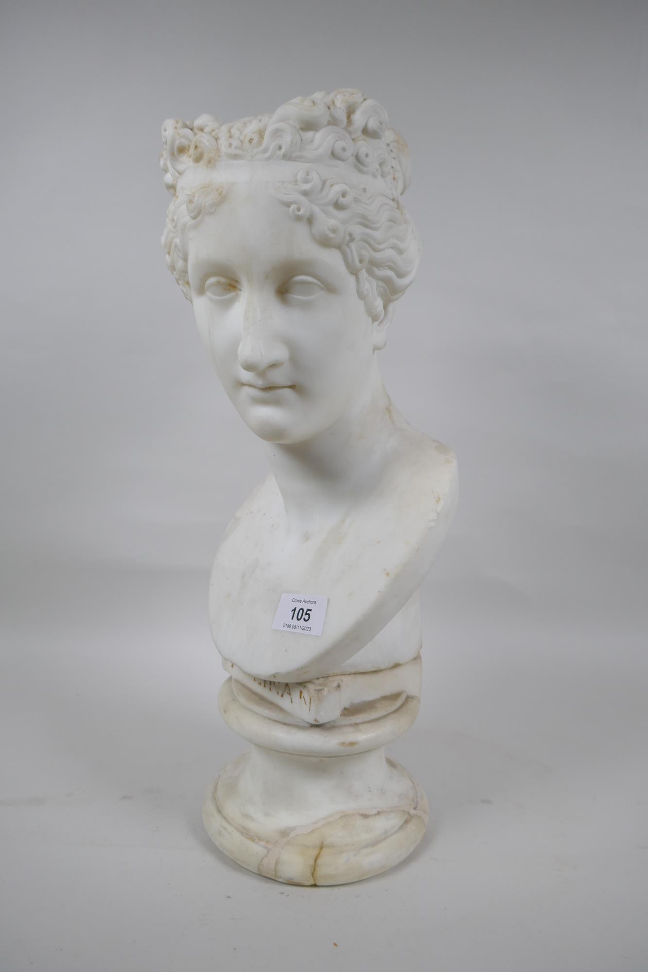 A C19th marble bust of a woman, raised on a socle, AF repaired, inscribed Paulina.N, bust 34cm high - Image 3 of 8