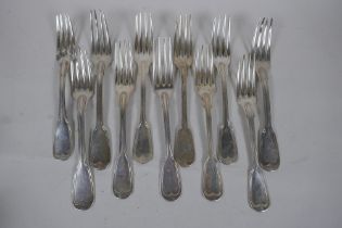 A matched set of eleven C18th French silver fiddle and thread pattern forks, 854g