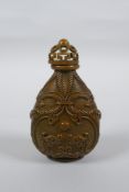 A Chinese bronze snuff bottle with twin dragon decoration, 4 character mark to base, 9cm high