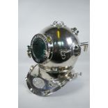 A vintage style chromed metal diver's helmet, 49cm high