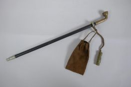 A Chinese tobacco pipe and pouch, the hardwood pipe with jade and metal mounts, 39cm long