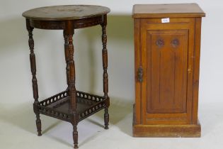 Edwardian walnut side table with pierced gallery undertier, 48cm diameter, 73cm high, and a walnut