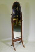 A Queen Anne style mahogany cheval mirror, 161 x 43cm