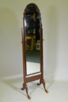 A Queen Anne style mahogany cheval mirror, 161 x 43cm