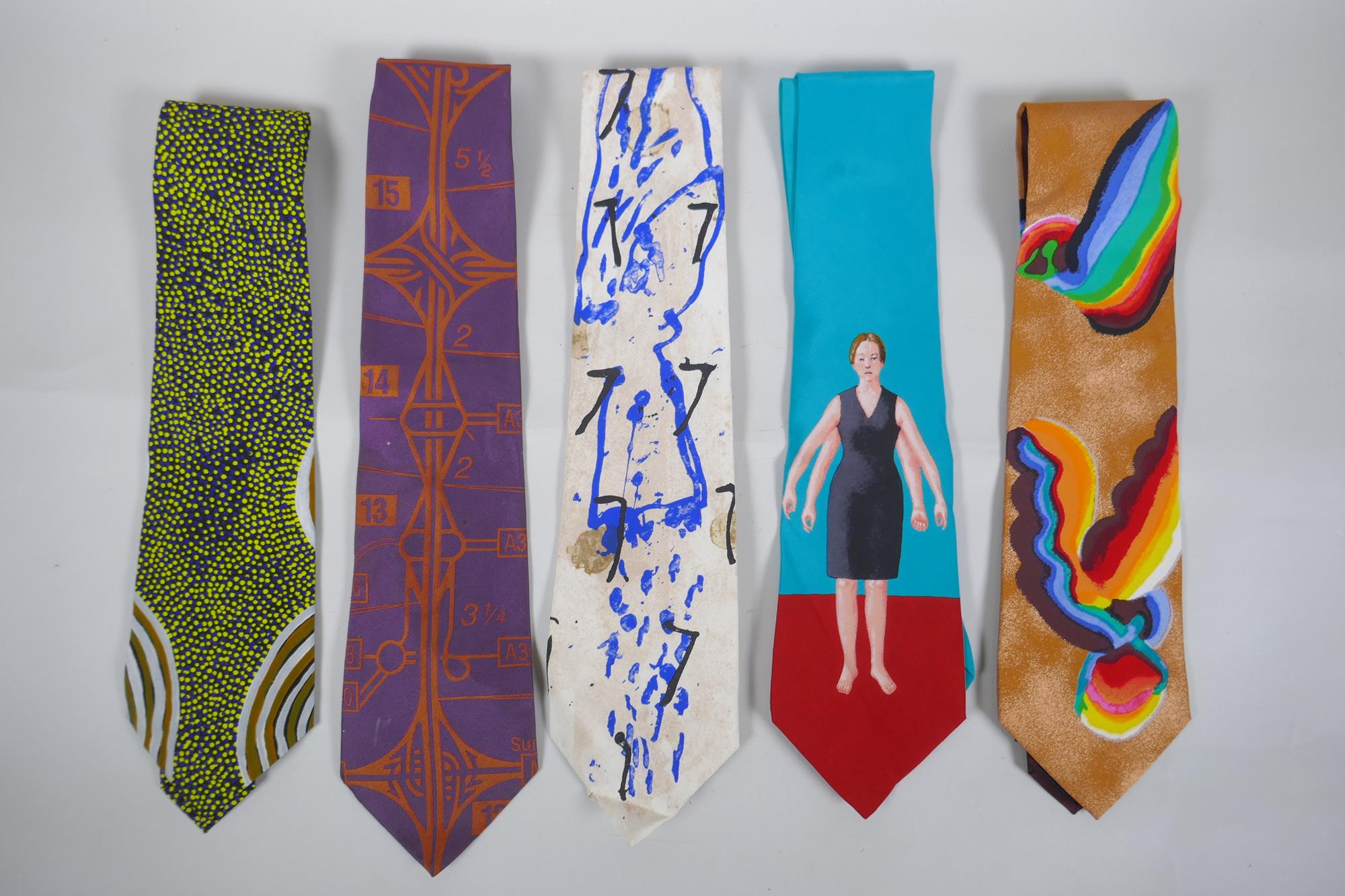 A collection of five silk 'Cultural Ties' including Ada Bird Petyarre, Tim Head, Mariano do Blas etc