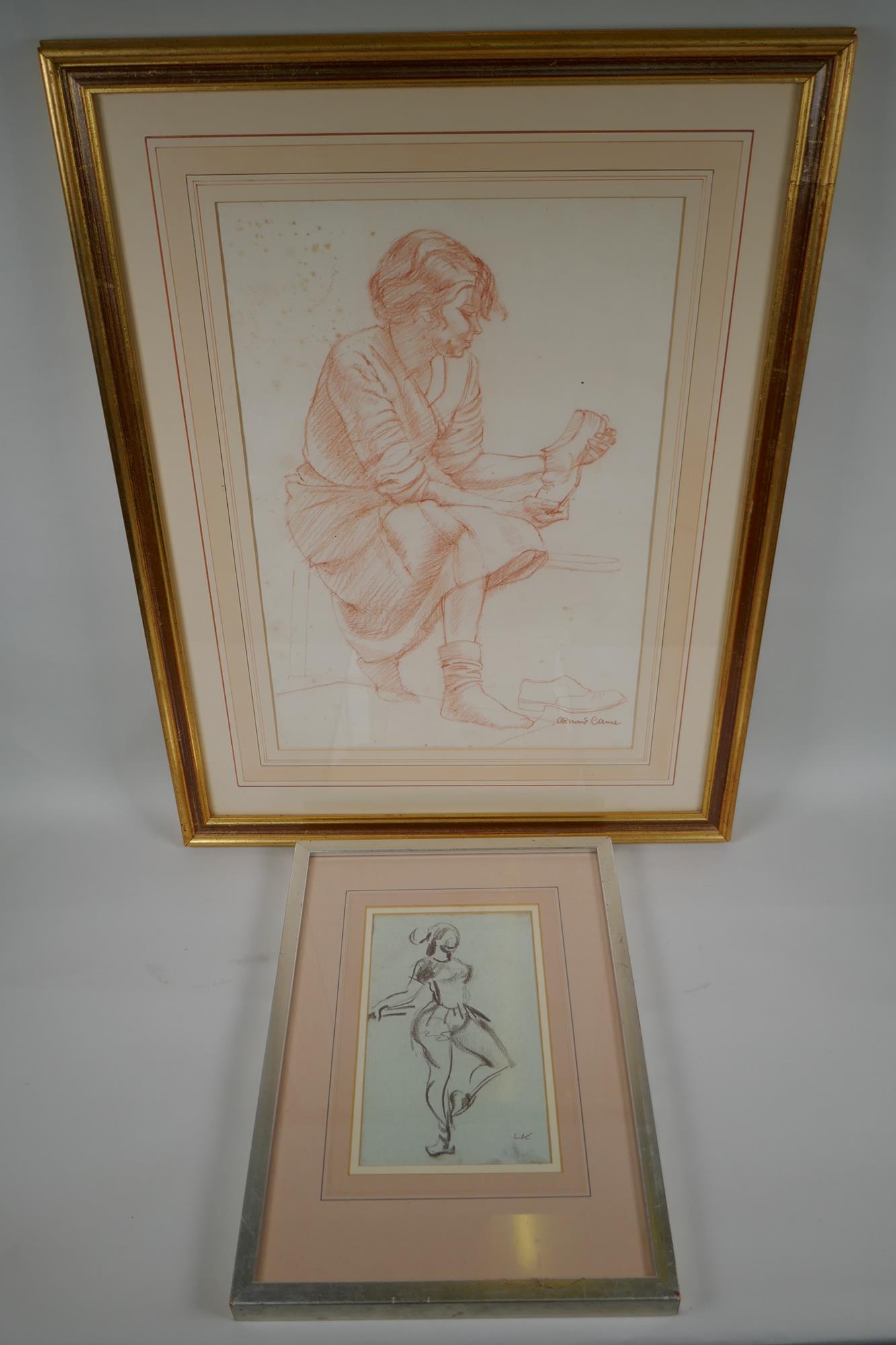 Portrait of a seated lady, signed Osmund Caine, and a study of a dancer, monogrammed L.K. both - Image 5 of 5
