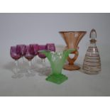 A set of six coloured hock glasses, two Art Deco vases and a lemonade flask, 28cm high