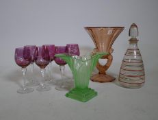 A set of six coloured hock glasses, two Art Deco vases and a lemonade flask, 28cm high