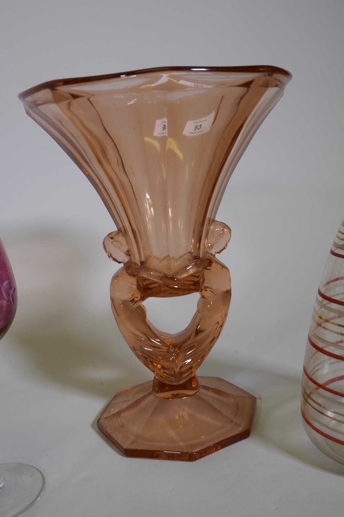 A set of six coloured hock glasses, two Art Deco vases and a lemonade flask, 28cm high - Image 2 of 5
