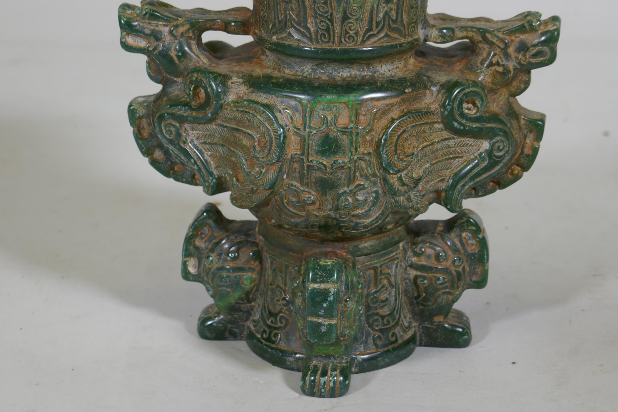 A Chinese green hardstone vase with dragon decoration, 19cm high - Image 2 of 5