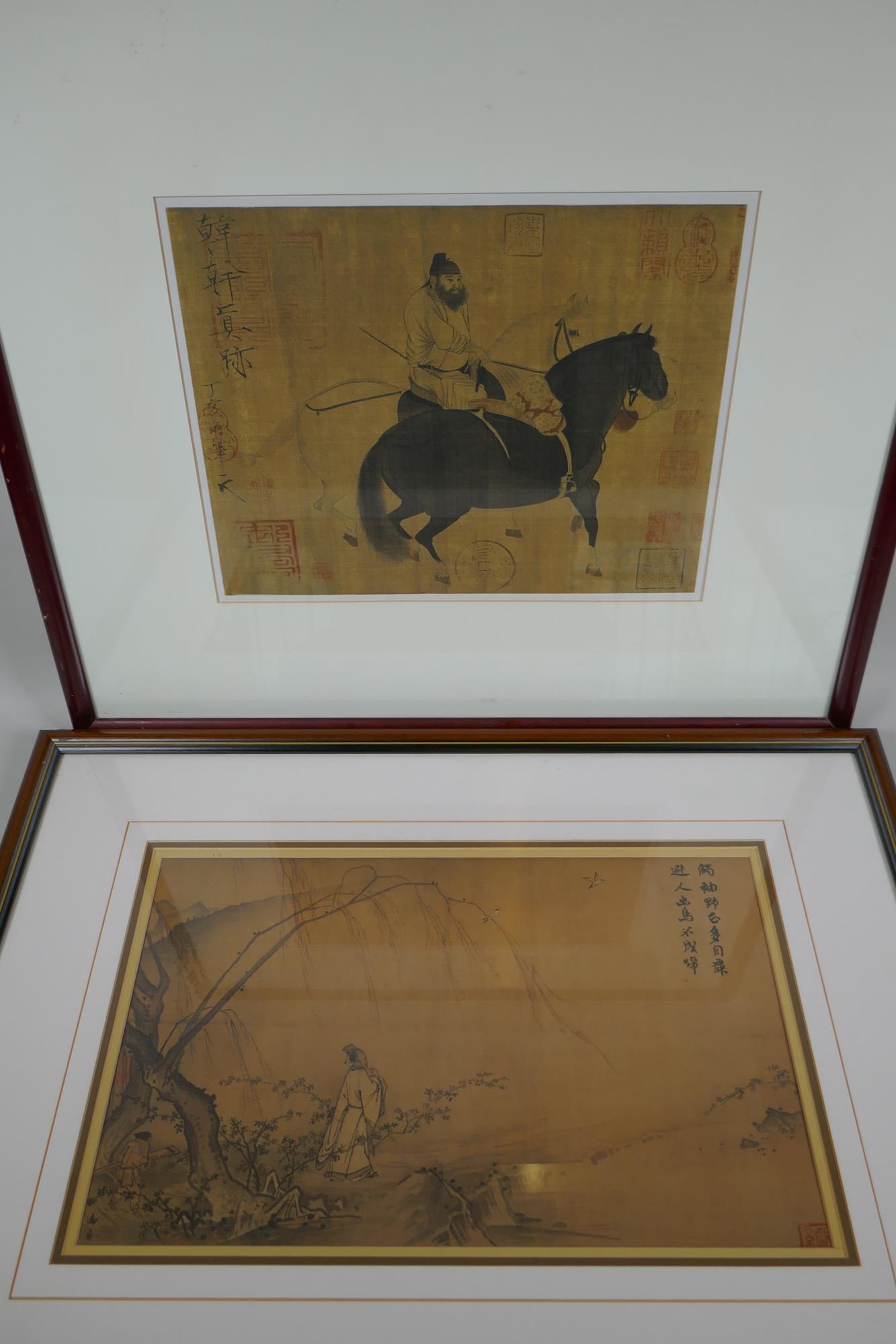 Figure on an island, and a portrait of a horseman, two framed Chinese prints on silk, both inscribed