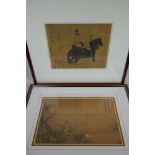 Figure on an island, and a portrait of a horseman, two framed Chinese prints on silk, both inscribed