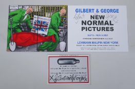 Gilbert & George, a signed postcard/flyer for the 2019 Harrow School exhibition, and a larger signed