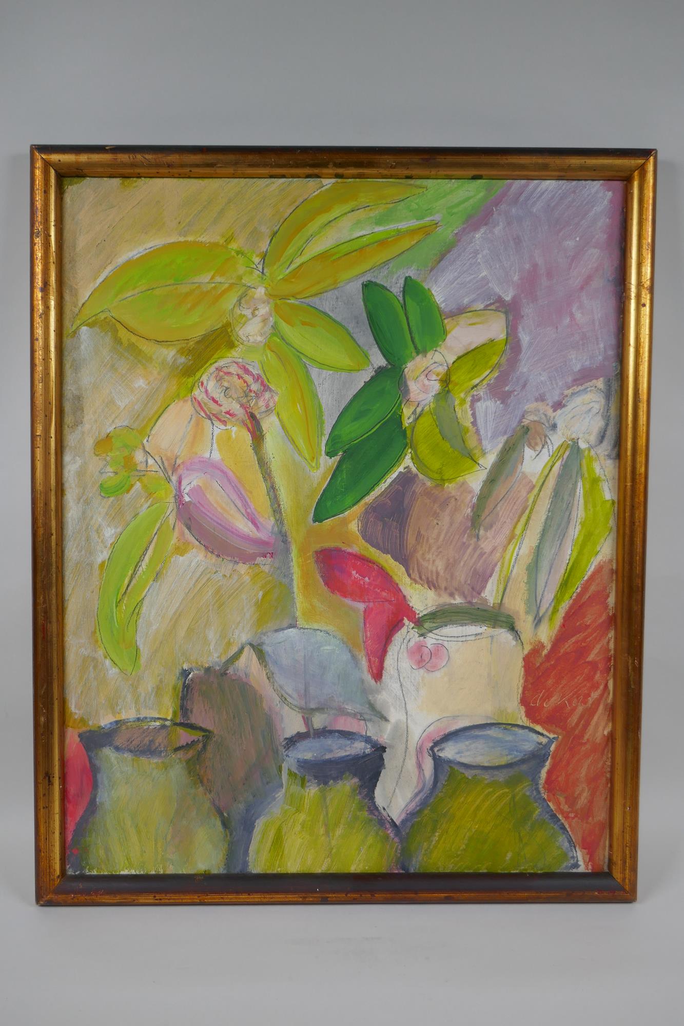 Still life with foliage and pots, signed De-Kat, mixed media painting on canvas, 50 x 40cm - Image 2 of 4