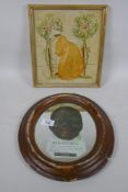 A vintage advertising mirror for Hudson's soap, in papier mache frame, and an antique silkwork of