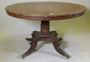A Regency brass inlaid rosewood tilt top breakfast table, AF, 122cm diameter
