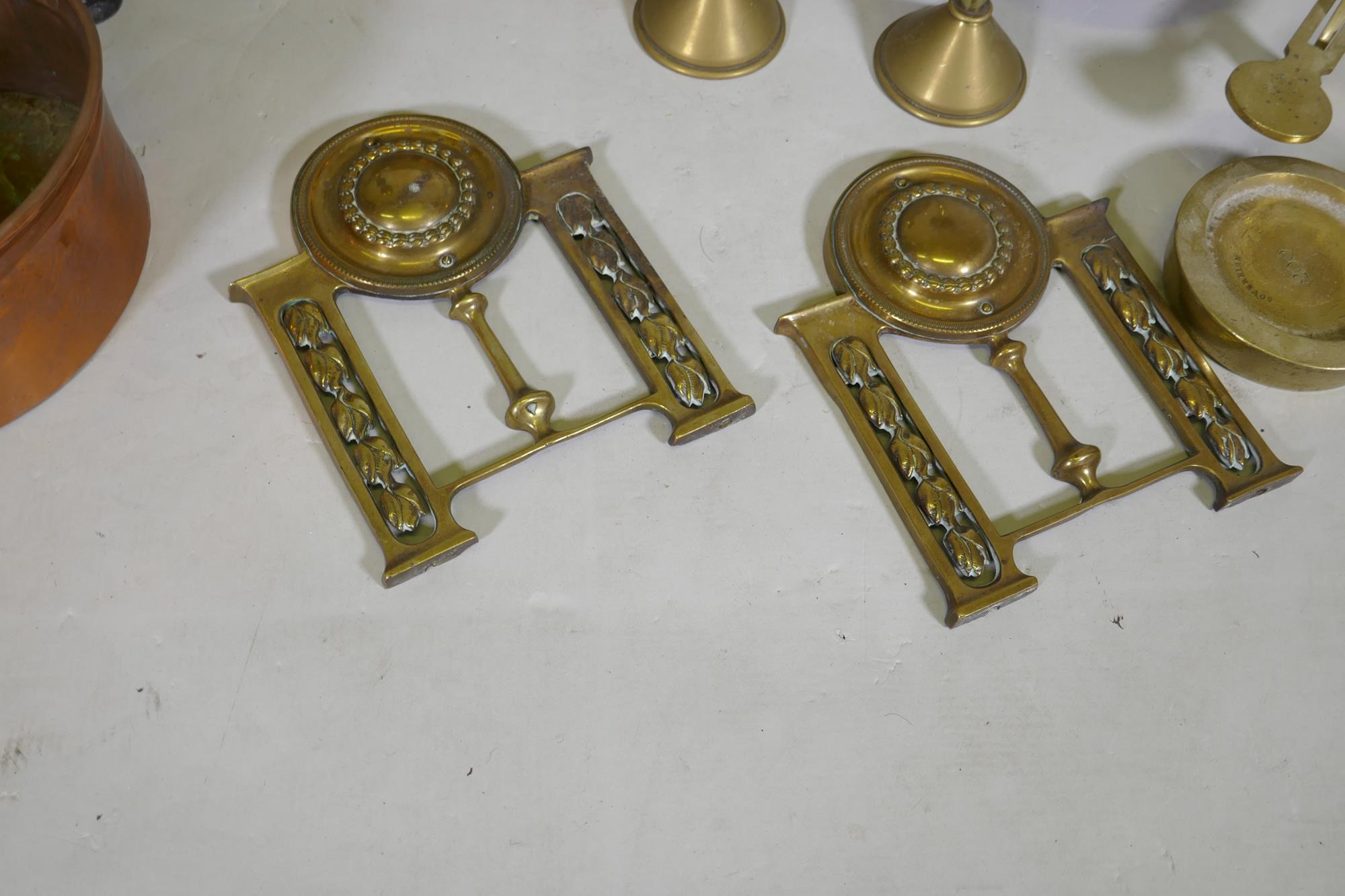 A set of brass balance scales stamped J. Hare, maker Birmingham, and weights, 56cm high, a pair of - Image 4 of 4