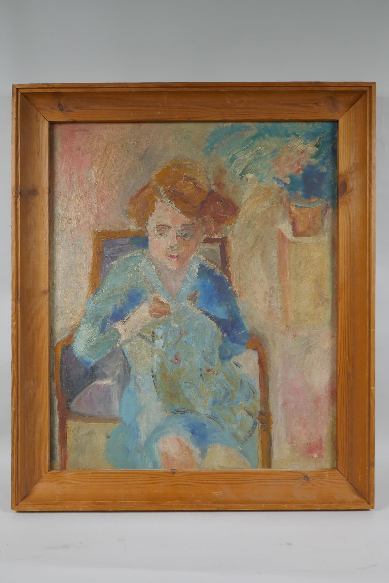Modern British School, portrait of a seated lady sewing, oil on canvas, 53 x 43cm - Image 2 of 4