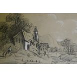 After Thomas Gainsborough, landscape with a figure by a dwelling, engraving heightened with white,