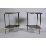 A pair of mid century brass and simulated rosewood two tier end tables, 34 x 34cm 52cm high