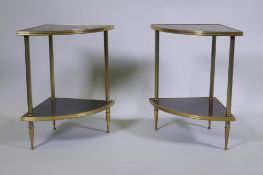 A pair of mid century brass and simulated rosewood two tier end tables, 34 x 34cm 52cm high