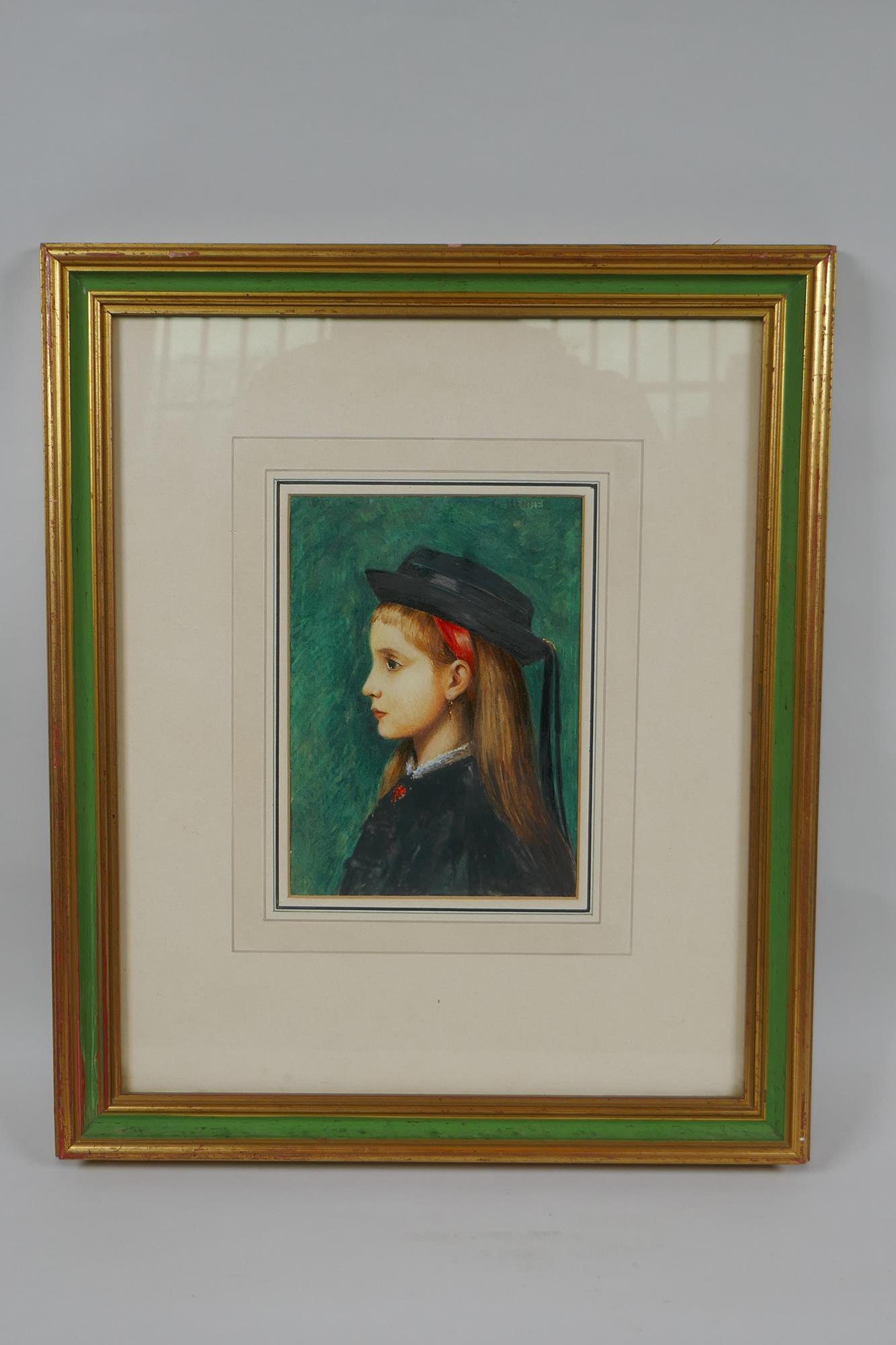 Portrait study of a young lady in a black bonnet, signed Henner, framed watercolour, 18 x 13cm - Image 3 of 3